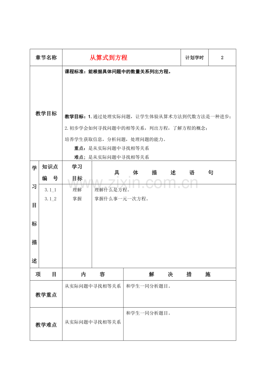 七年级数学上册 从算式到方程 课程设计 新人教版.doc_第1页