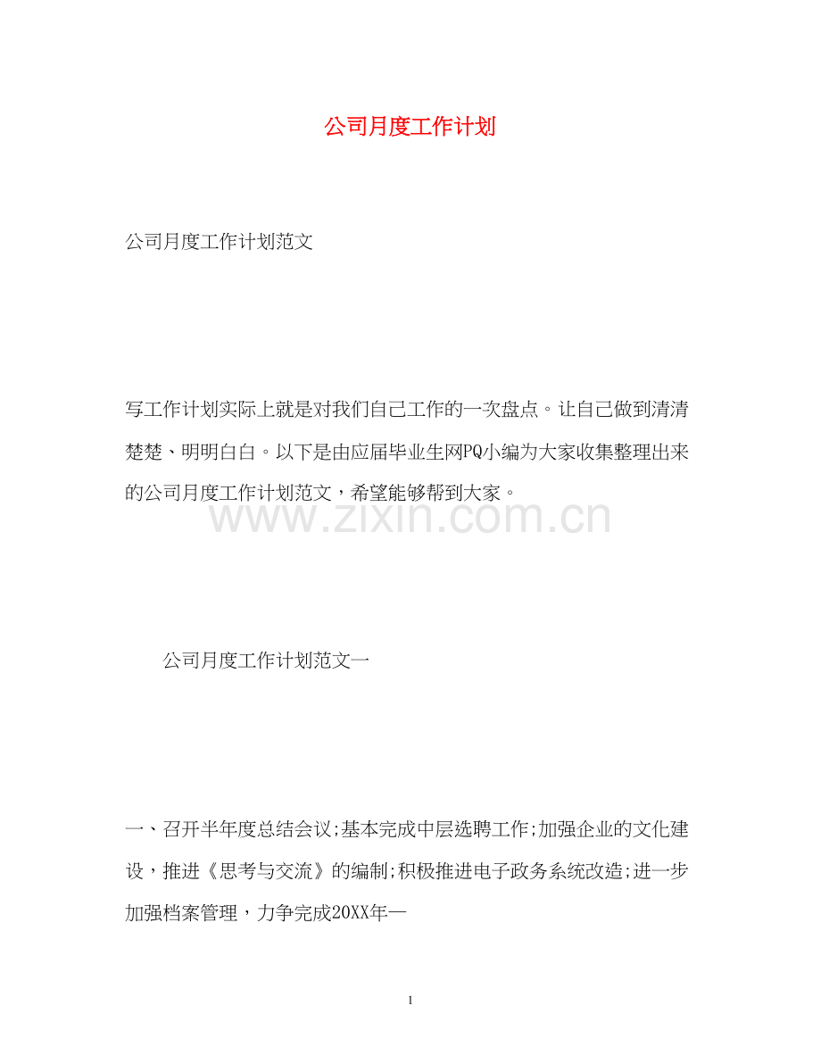 公司月度工作计划.docx_第1页