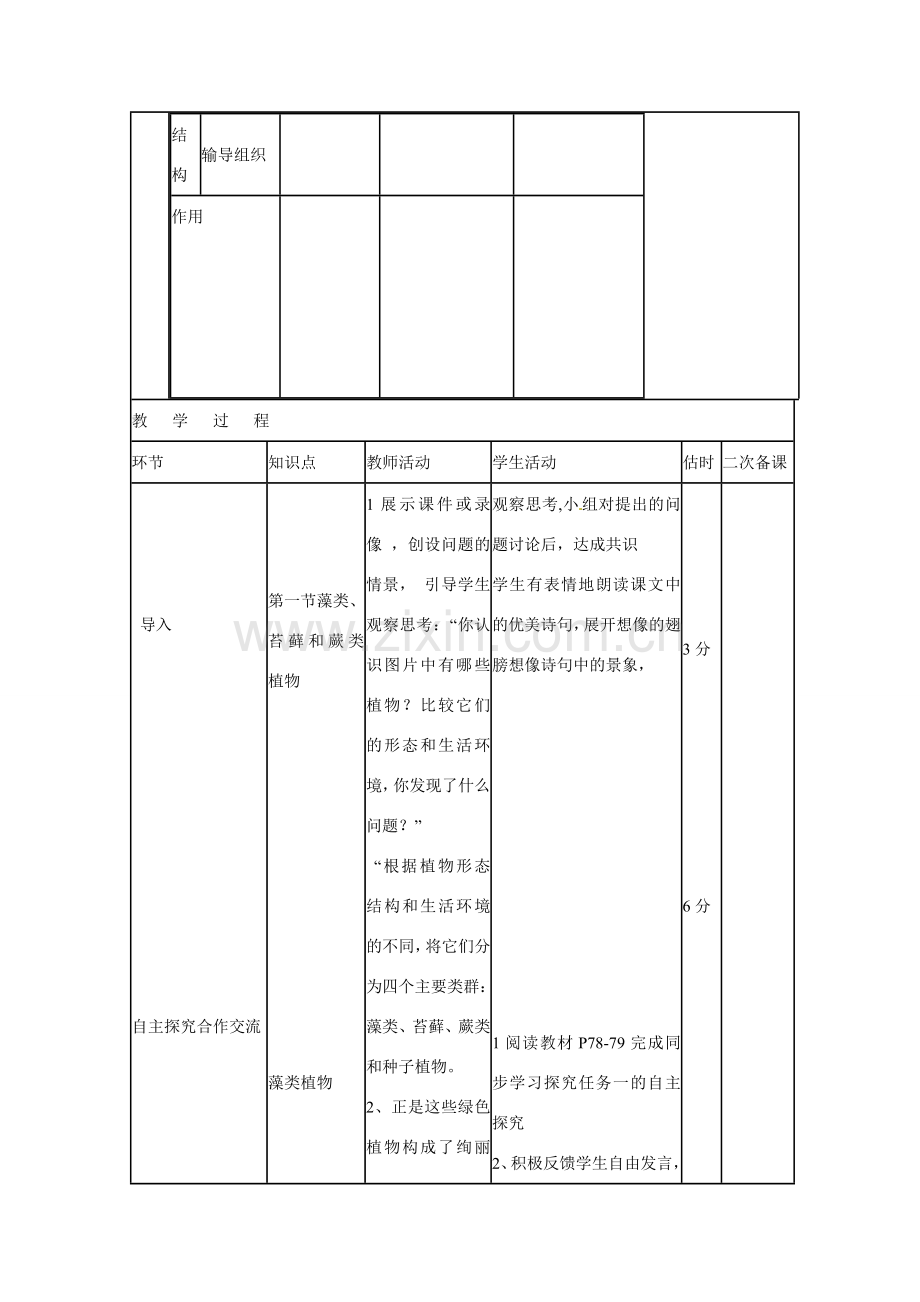 山东省临沭县第三初级中学七年级生物上册 孢子植物教案 新人教版.doc_第2页