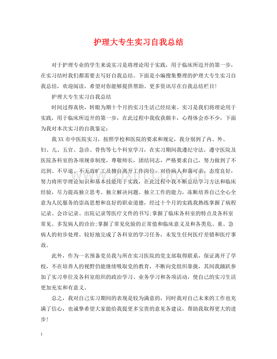 护理大专生实习自我总结.docx_第1页