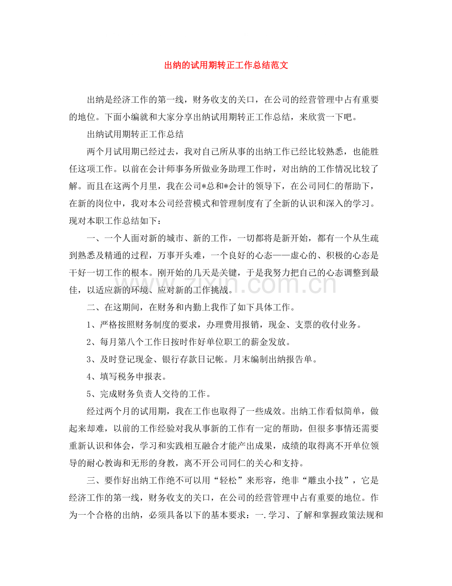 出纳的试用期转正工作总结范文.docx_第1页