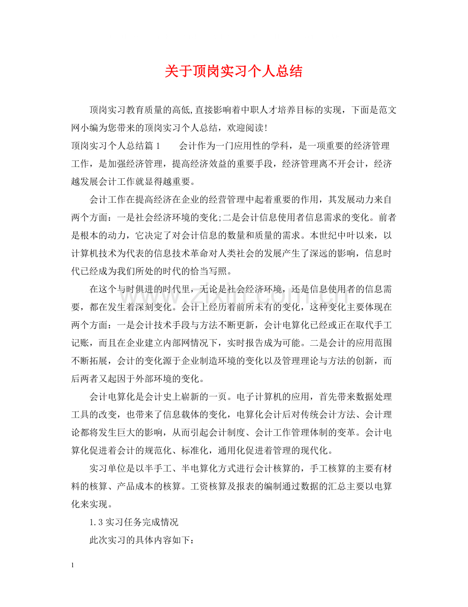 关于顶岗实习个人总结.docx_第1页