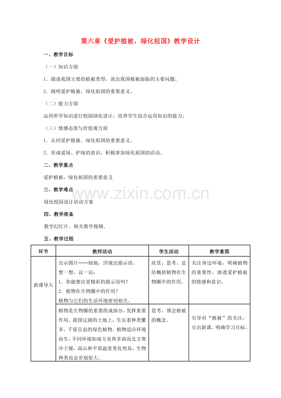 七年级生物上册 第三单元 生物圈中的绿色植物 第六章 爱护植被绿化祖国教案 （新版）新人教版-（新版）新人教版初中七年级上册生物教案.doc_第1页