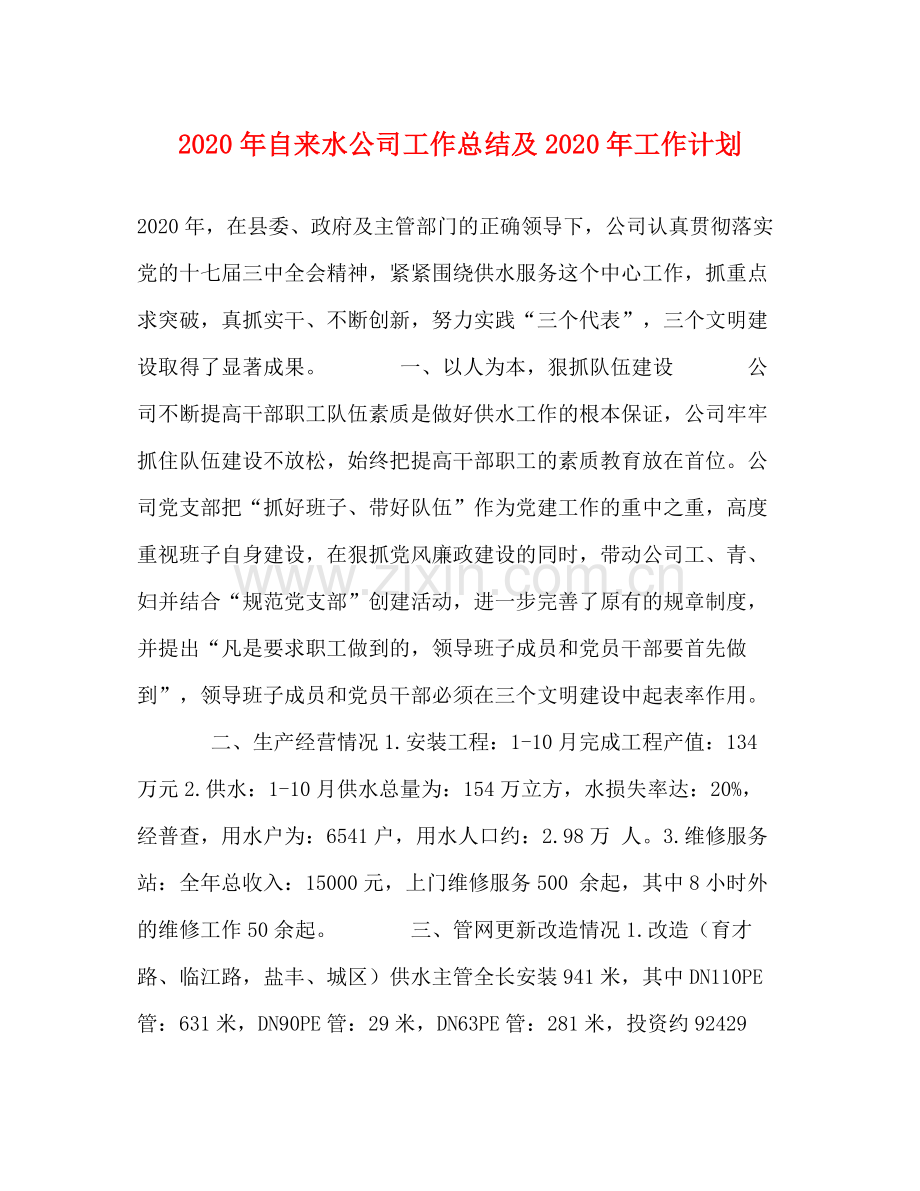 2020年自来水公司工作总结及年工作计划.docx_第1页