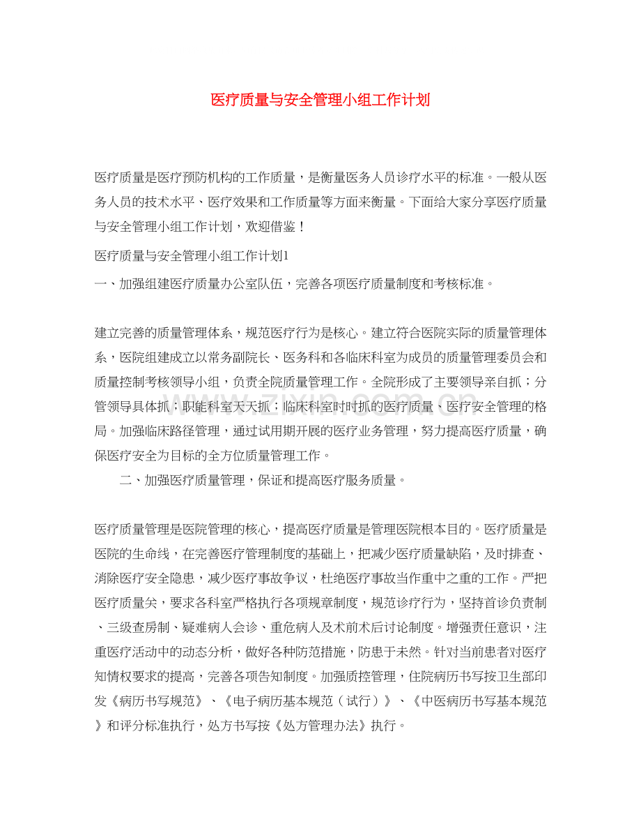 医疗质量与安全管理小组工作计划.docx_第1页