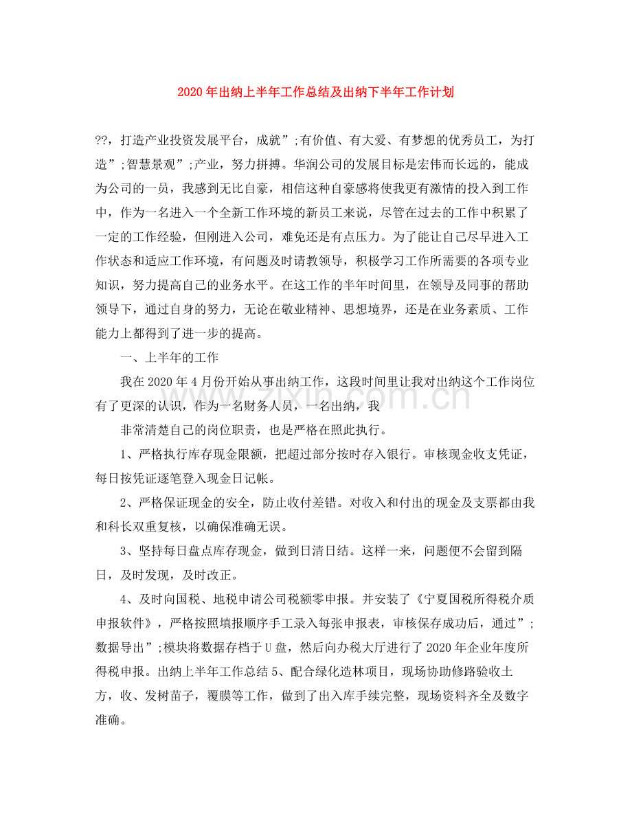 2020年出纳上半年工作总结及出纳下半年工作计划.docx_第1页