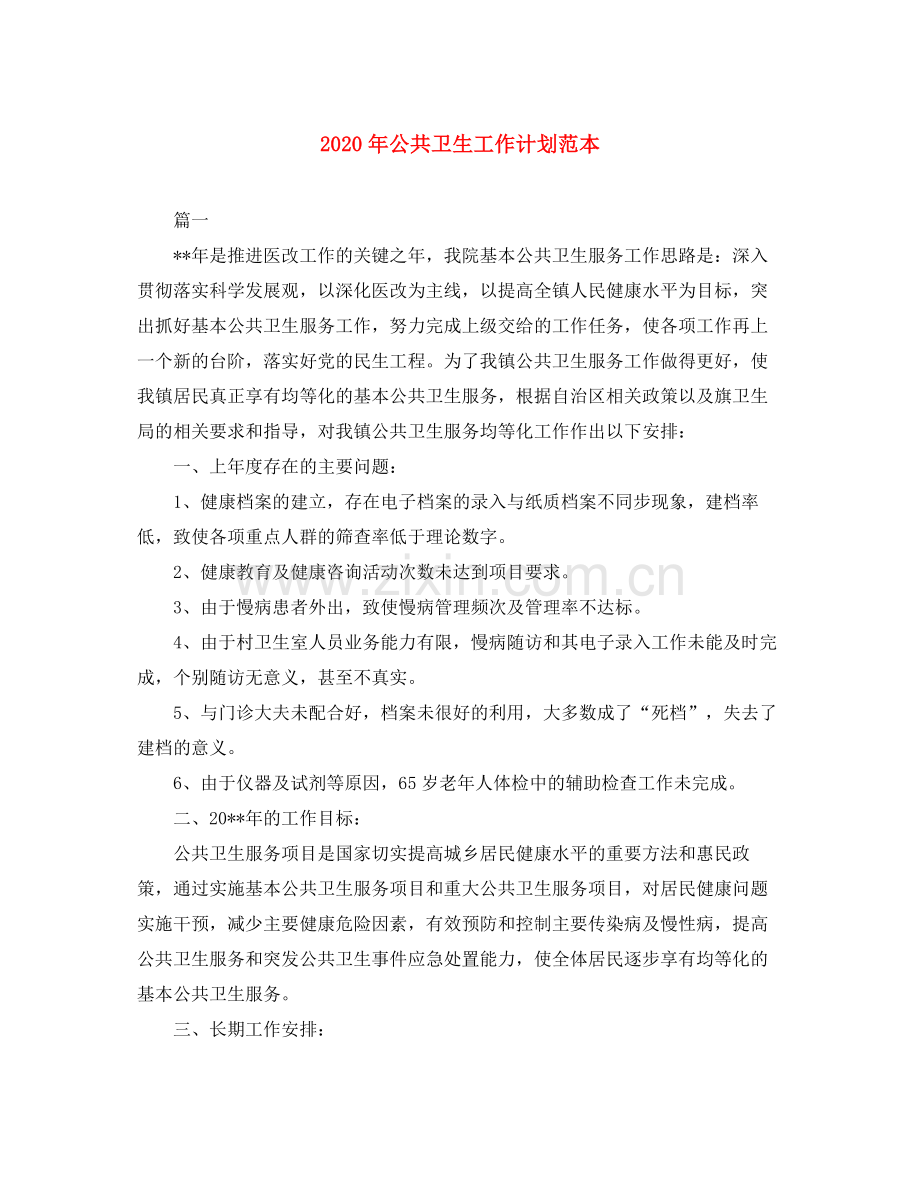 2020年公共卫生工作计划范本.docx_第1页