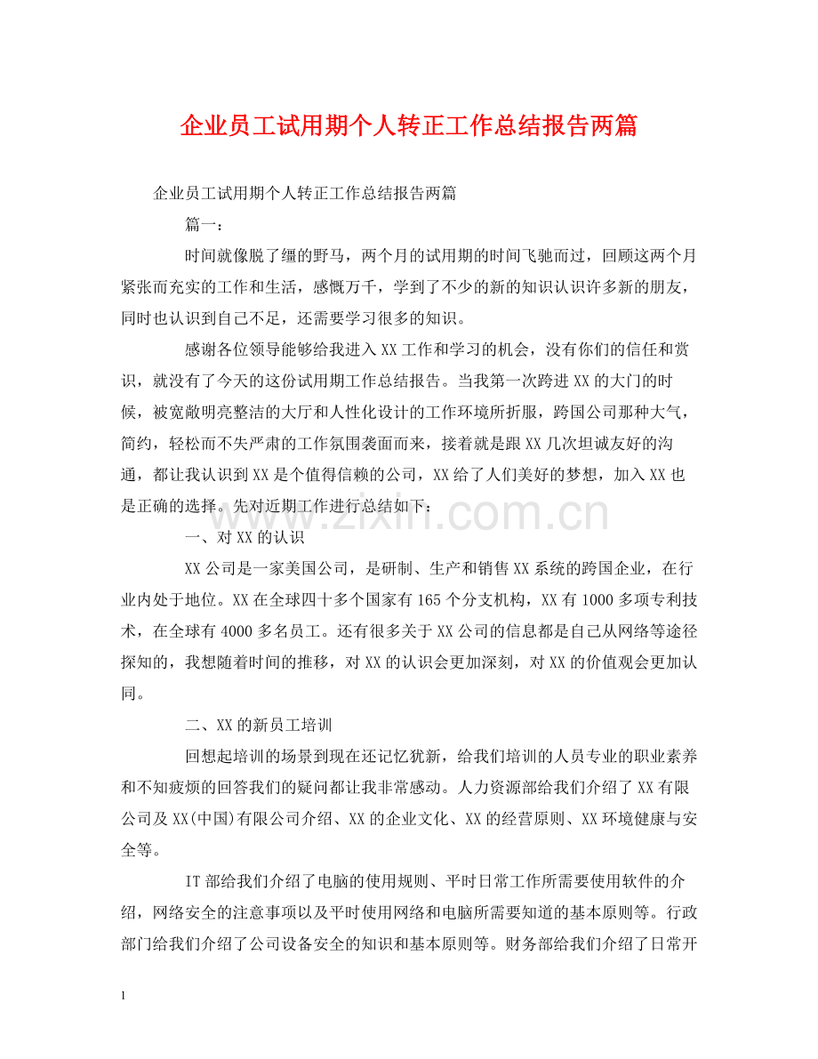 工作总结企业员工试用期个人转正工作总结报告两篇.docx_第1页