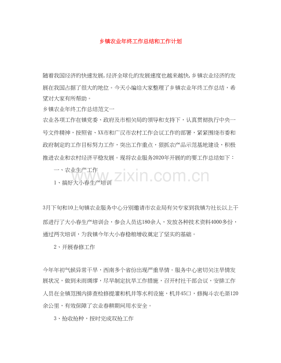 乡镇农业年终工作总结和工作计划.docx_第1页