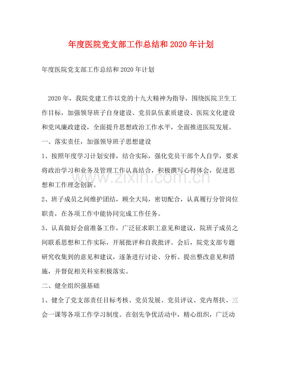 2020年度医院党支部工作总结和年计划.docx_第1页