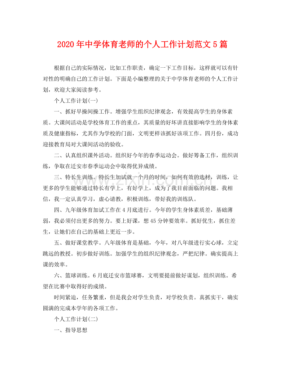 2020年体育老师的个人工作计划范文5篇.docx_第1页