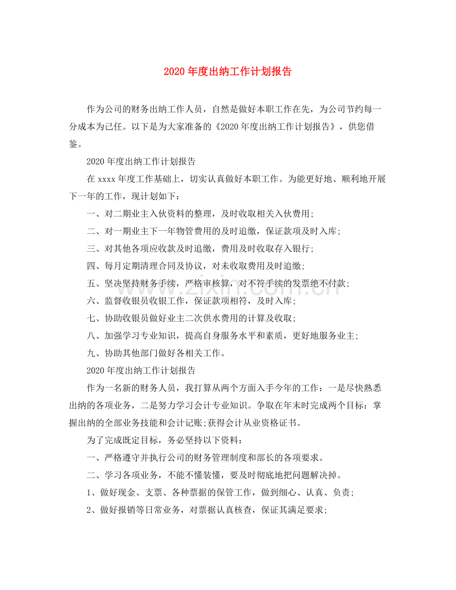 2020年度出纳工作计划报告.docx_第1页