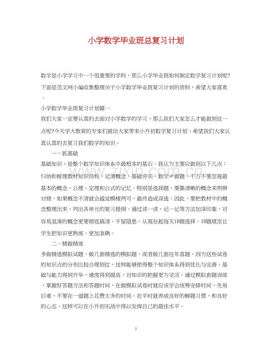 小学数学毕业班总复习计划.docx_第1页