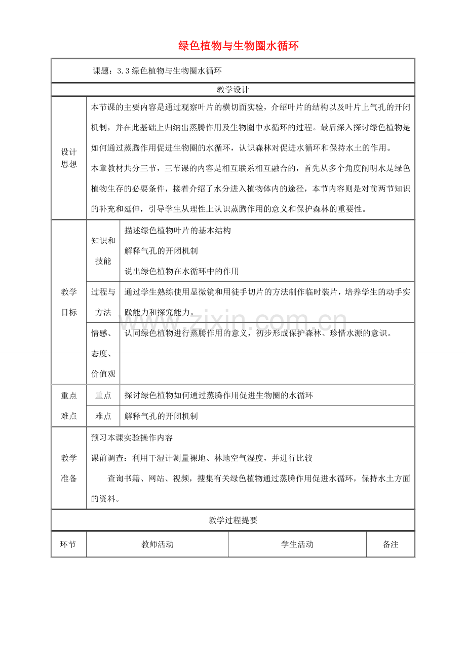 七年级生物上册 3.3 绿色植物与生物圈水循环教案 （新版）新人教版-（新版）新人教版初中七年级上册生物教案.doc_第1页