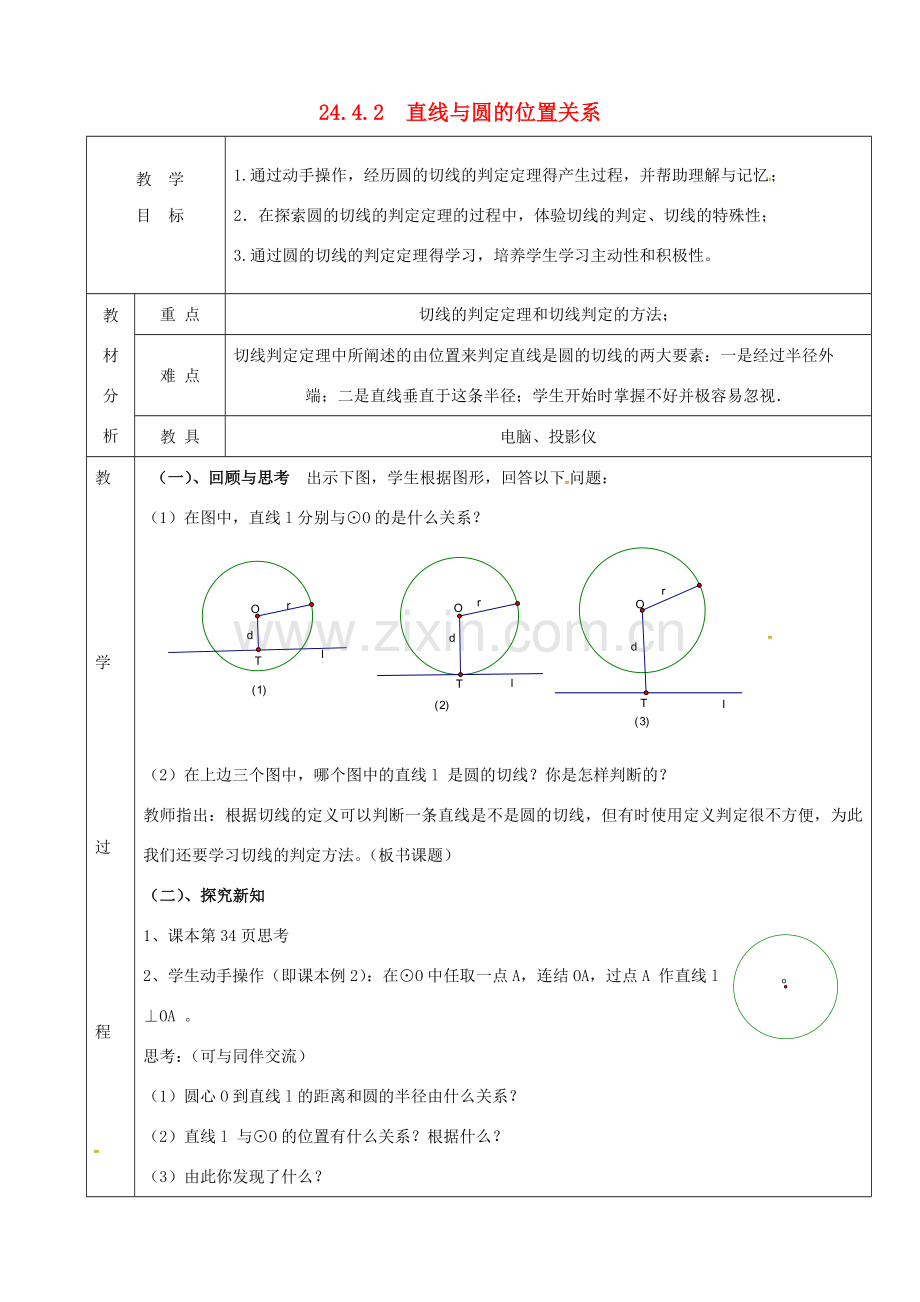 上海市金山区山阳镇九年级数学下册 24.4 直线与圆的位置关系 24.4.2 直线与圆的位置关系教案 （新版）沪科版-（新版）沪科版初中九年级下册数学教案.doc_第1页