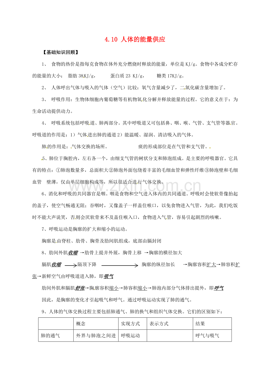 七年级生物下册 4.10 人体的能量供应复习教案 （新版）北师大版-（新版）北师大版初中七年级下册生物教案.doc_第1页