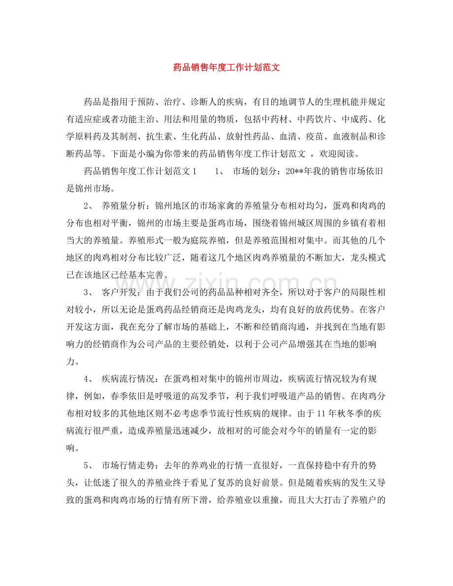 药品销售年度工作计划范文 .docx_第1页