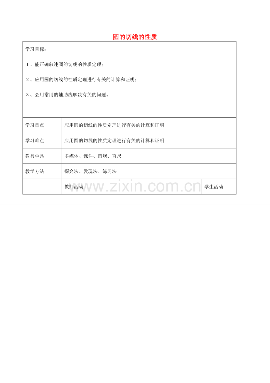 九年级数学下册 24.2 圆的切线的性质教案 京改版-人教版初中九年级下册数学教案.doc_第1页