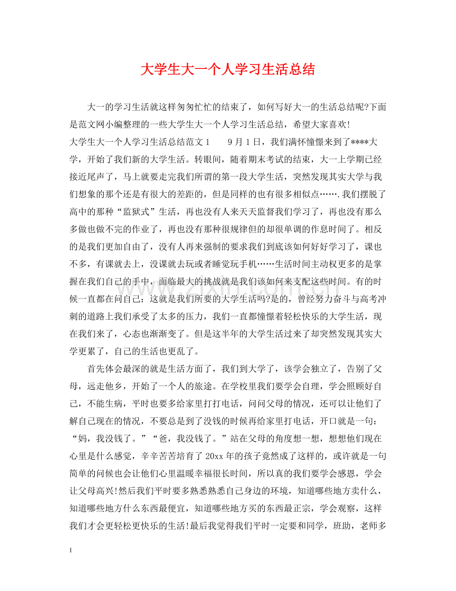 大学生大一个人学习生活总结.docx_第1页