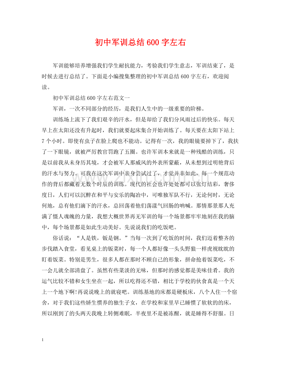 初中军训总结600字左右.docx_第1页