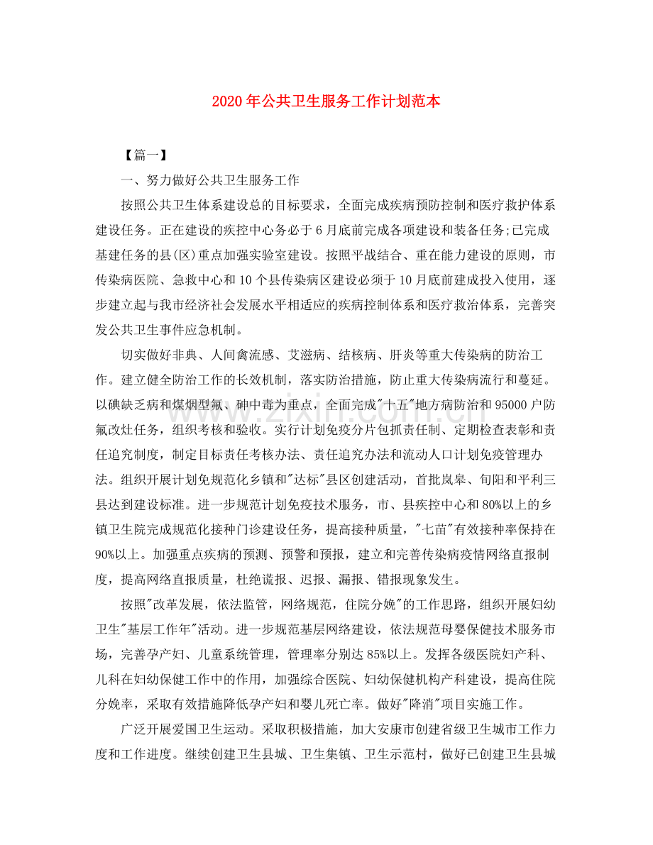 2020年公共卫生服务工作计划范本.docx_第1页