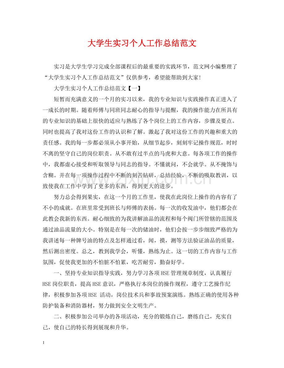 大学生实习个人工作总结范文.docx_第1页