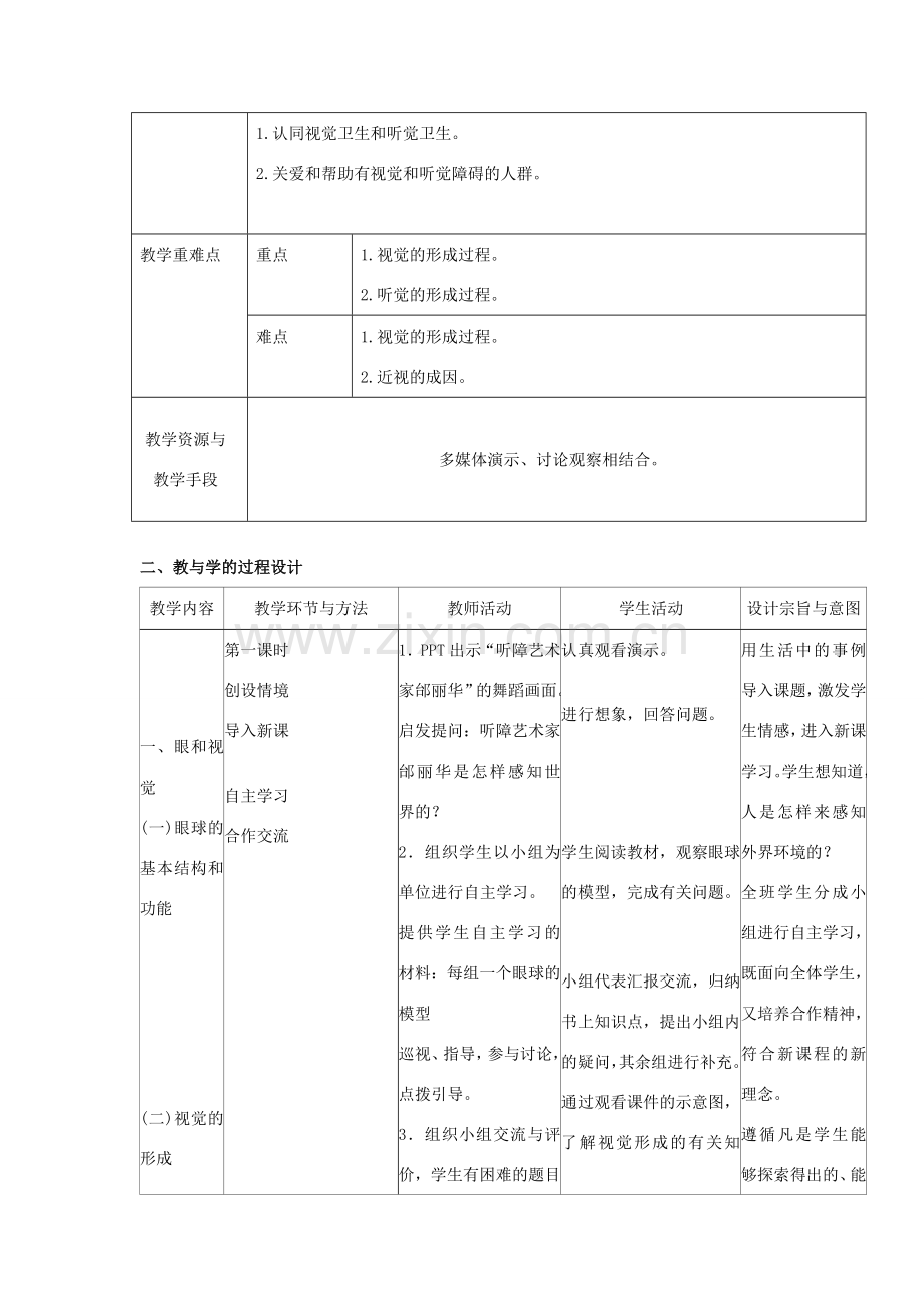 七年级生物下册 4.6.1《人体对外界环境的感知》教学设计 （新版）新人教版-（新版）新人教版初中七年级下册生物教案.doc_第2页