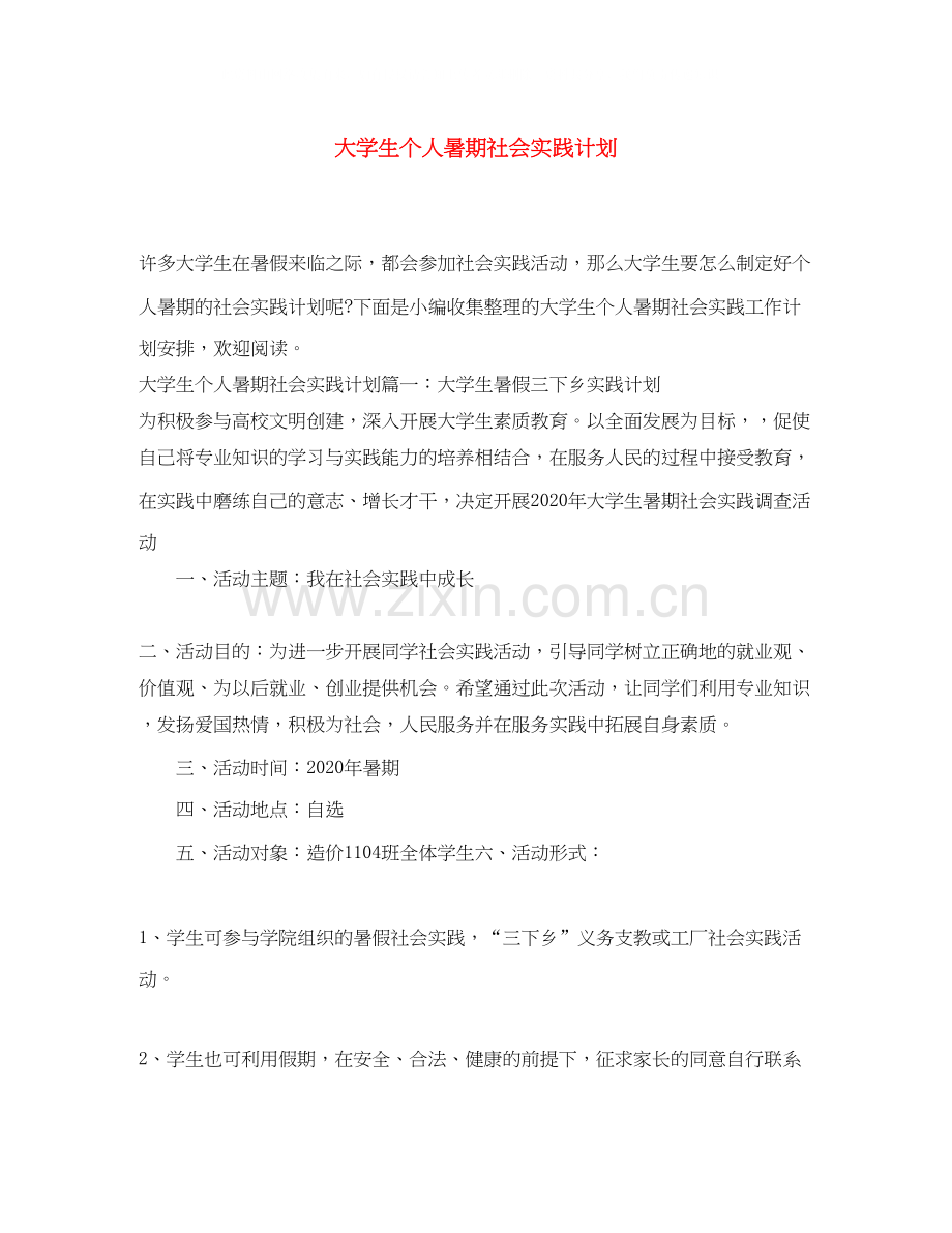 大学生个人暑期社会实践计划.docx_第1页