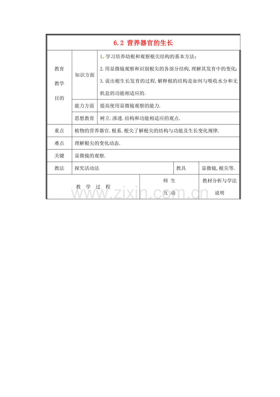 七年级生物上册 6.2 营养器官的生长教案1 北师大版-北师大版初中七年级上册生物教案.doc_第1页