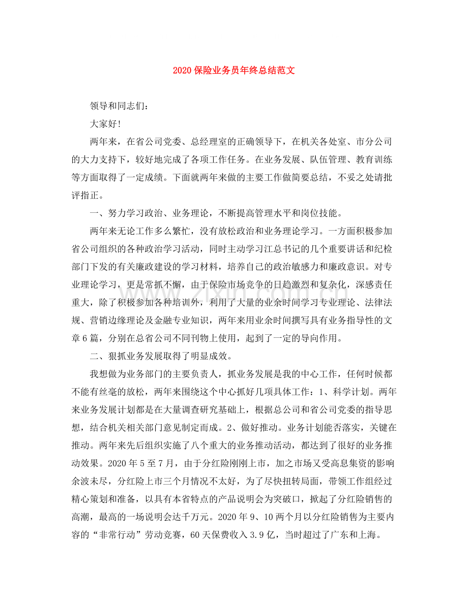 保险业务员年终总结范文.docx_第1页