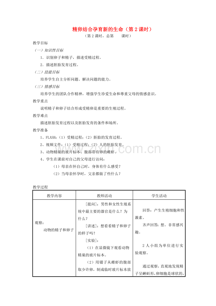 七年级生物下册 8.1 精卵结合孕育新的生命（第2课时）教案 （新版）苏教版-（新版）苏教版初中七年级下册生物教案.doc_第1页