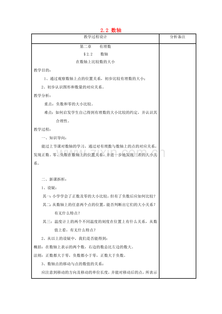 七年级数学上册 第2章 有理数 2.2 数轴教学设计（新版）华东师大版-（新版）华东师大版初中七年级上册数学教案.doc_第1页