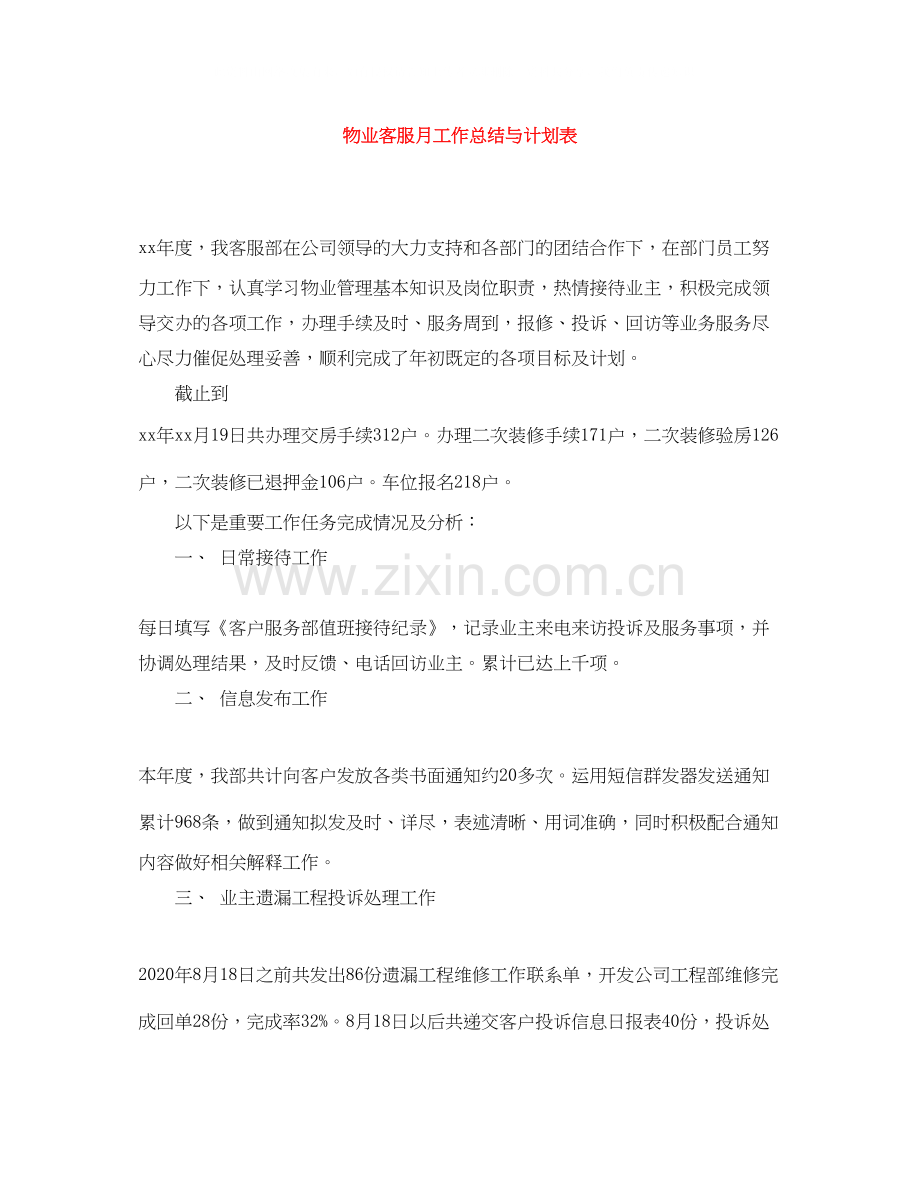 物业客服月工作总结与计划表.docx_第1页