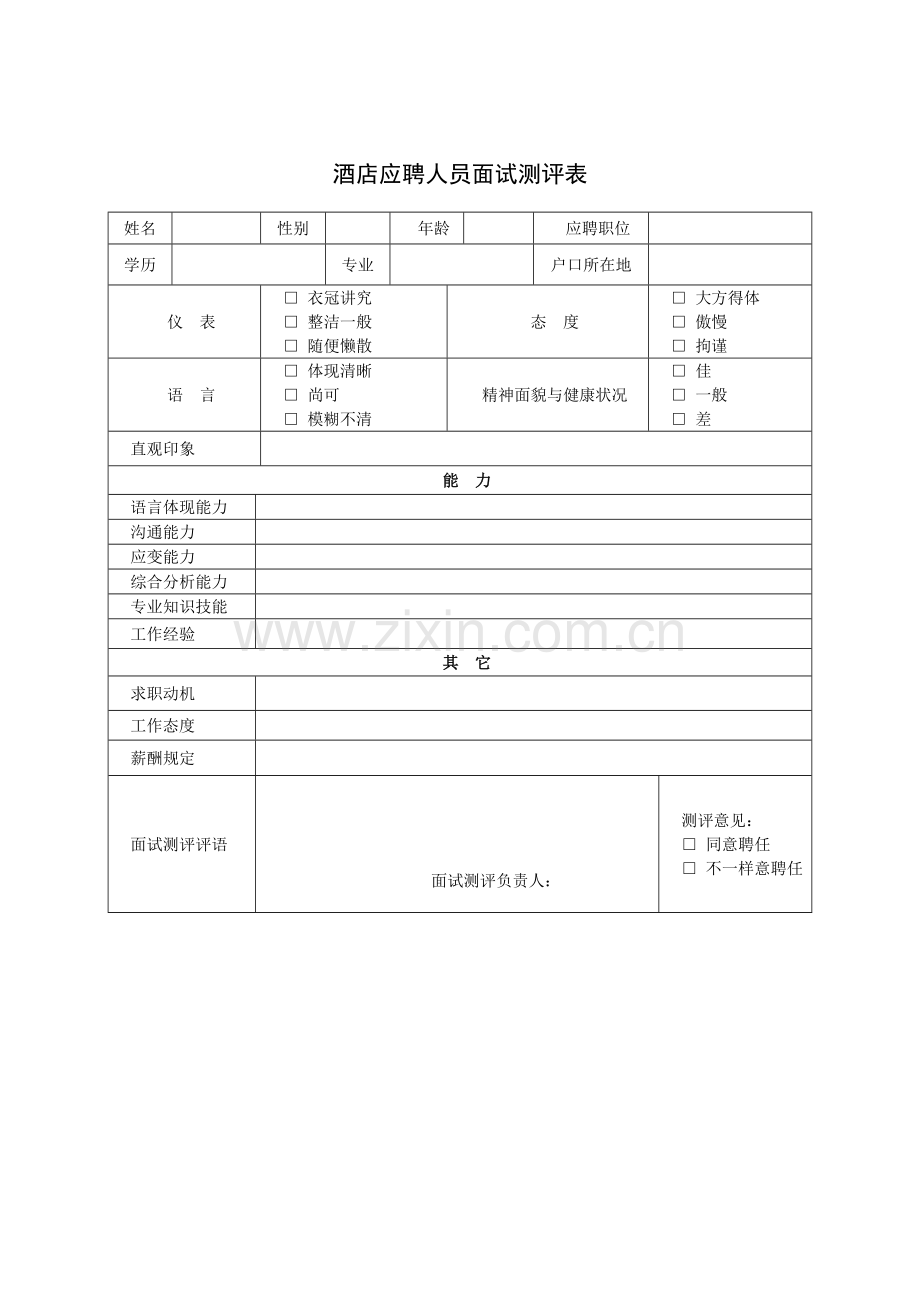 2023年酒店应聘人员面试测评表.doc_第1页