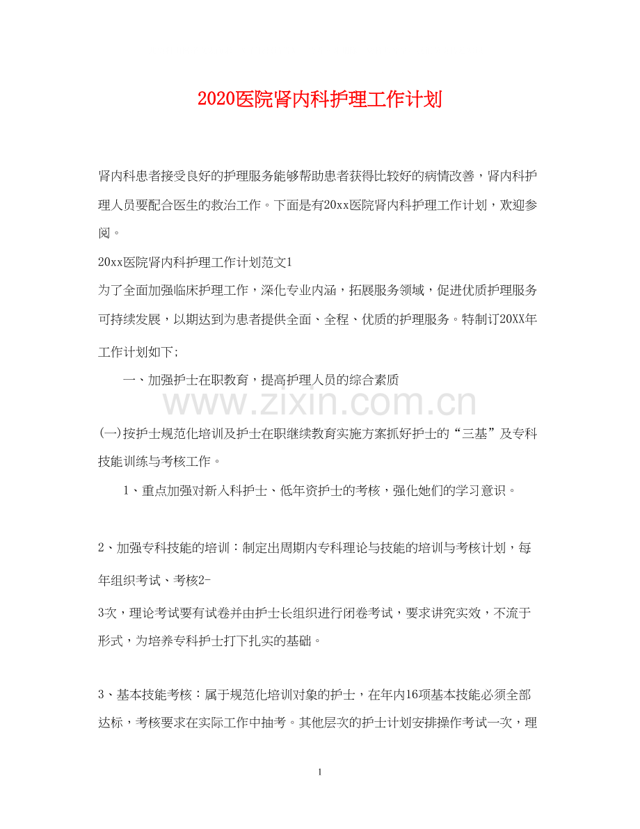 医院肾内科护理工作计划.docx_第1页