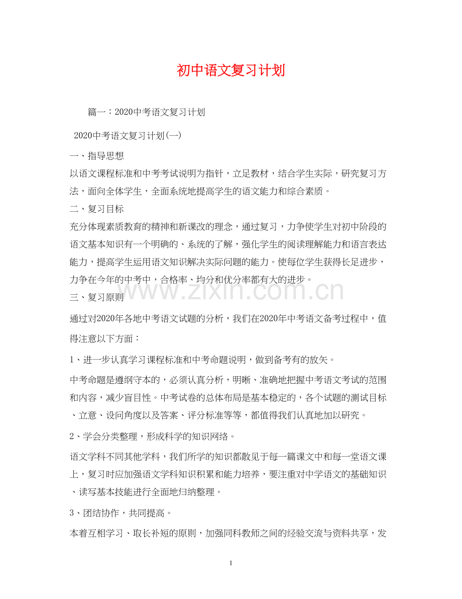 初中语文复习计划.docx_第1页