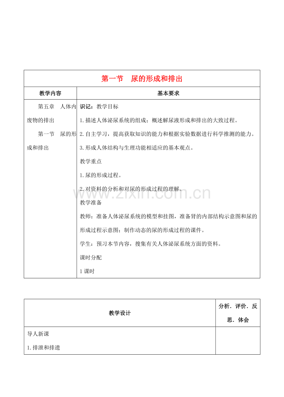 七年级生物下册 5.1 人体内废物的排出教学设计 人教版.doc_第1页