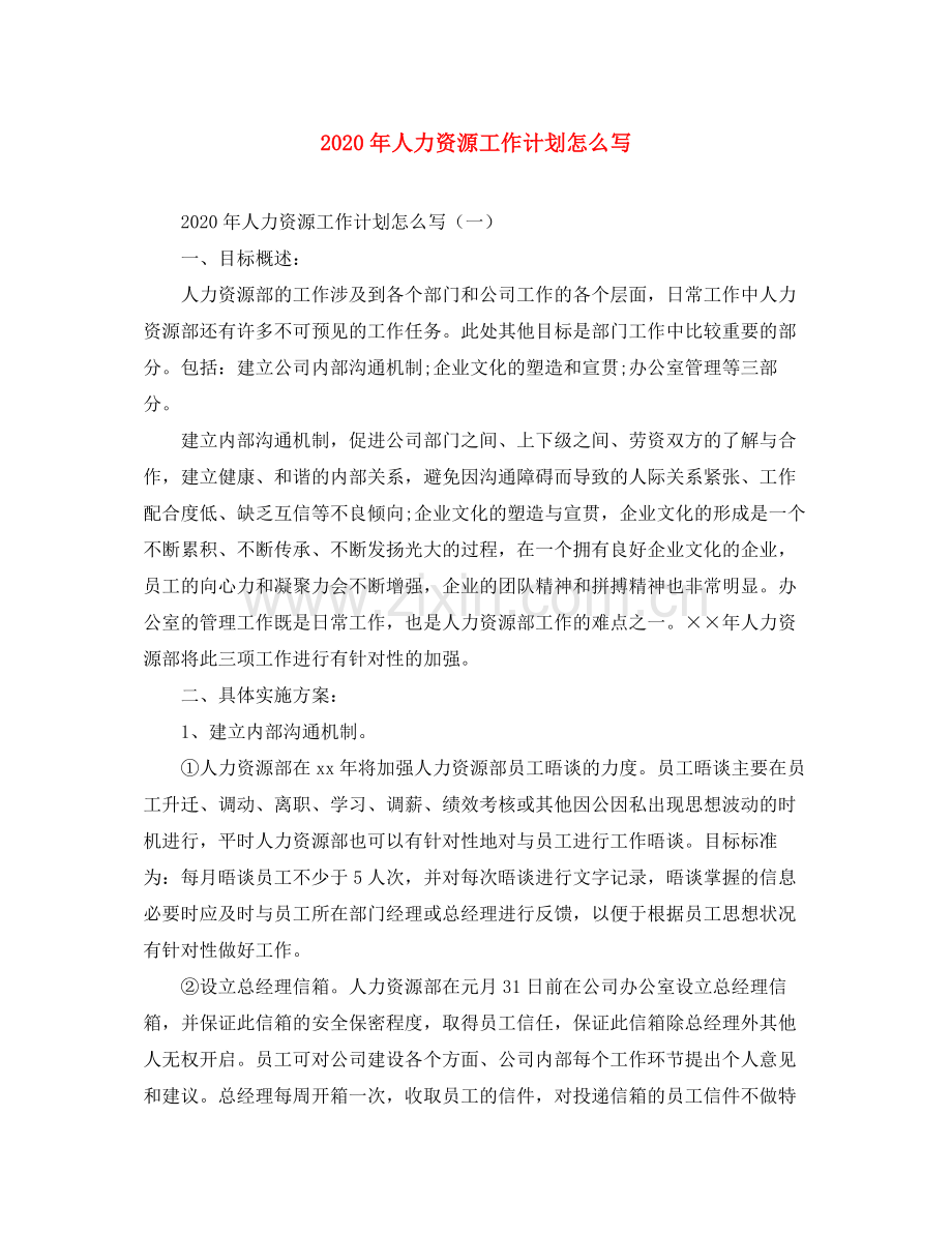 2020年人力资源工作计划怎么写.docx_第1页