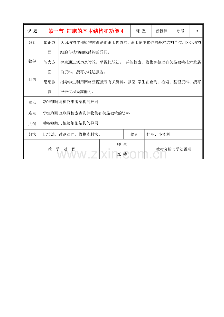 七年级生物上册 2.3.1细胞的基本结构和功能教案4 北师大版.doc_第1页