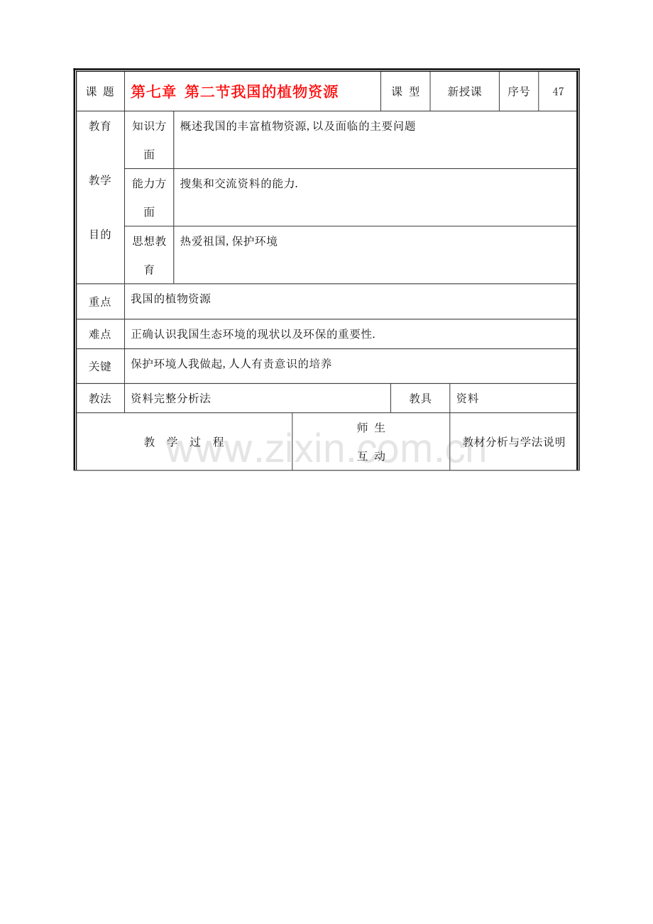 七年级生物上册 3.7.2我国的植物资源教案 北师大版.doc_第1页