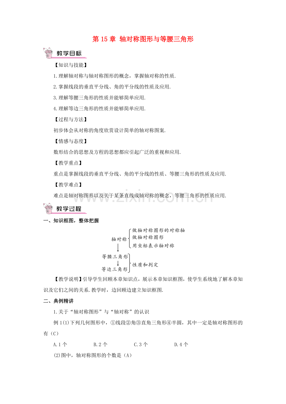 八年级数学上册 第15章 轴对称图形与等腰三角形章末复习教案 （新版）沪科版-（新版）沪科版初中八年级上册数学教案.doc_第1页