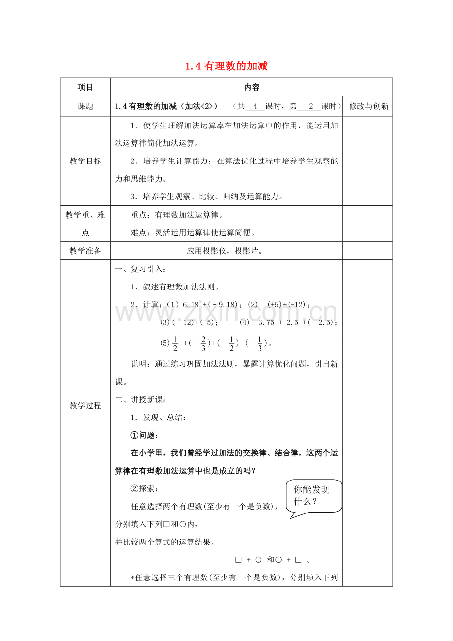 七年级数学上册 1.4 有理数的加减（加法2）教案 （新版）沪科版-（新版）沪科版初中七年级上册数学教案.doc_第1页