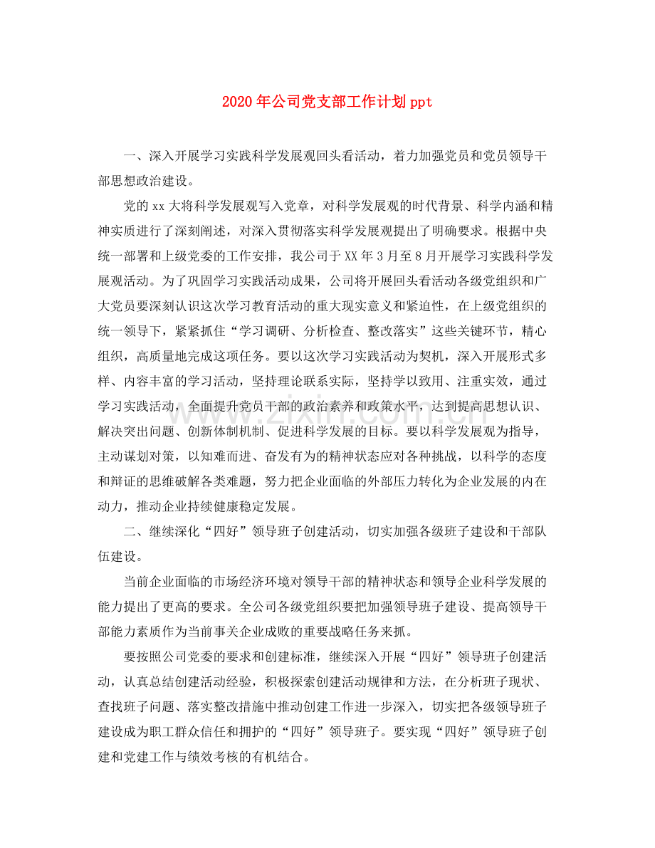 2020年公司党支部工作计划ppt.docx_第1页