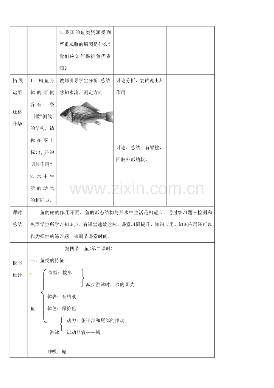 山东省宁阳县第二十五中学八年级生物上册《第五单元 第一章 第四节 鱼（第二课时）》教案 （新版）新人教版.doc_第3页