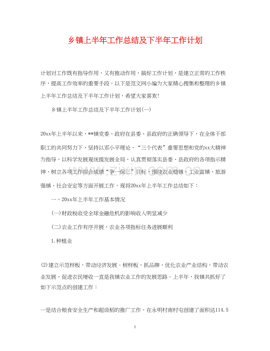 乡镇上半年工作总结及下半年工作计划2.docx_第1页