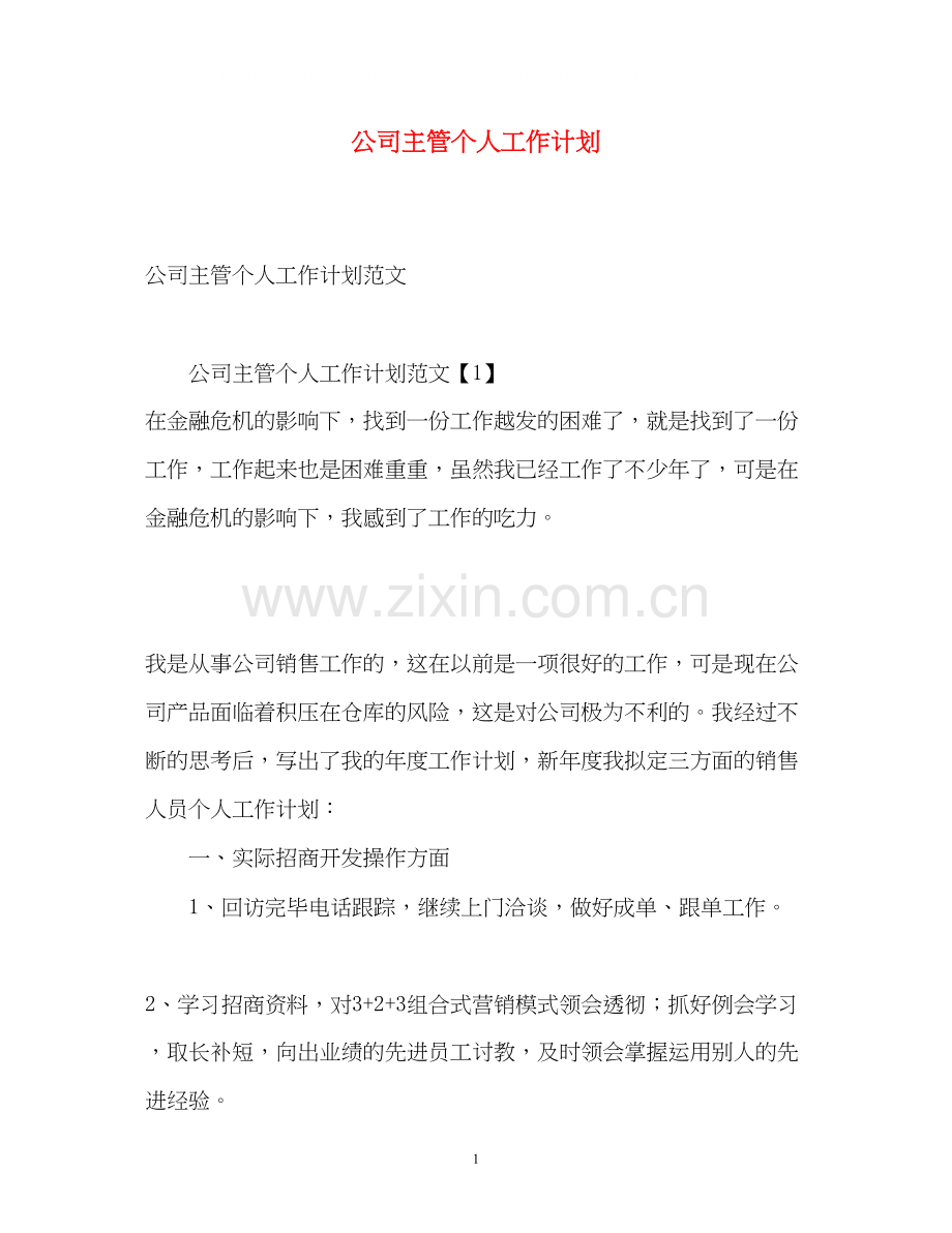 公司主管个人工作计划.docx_第1页