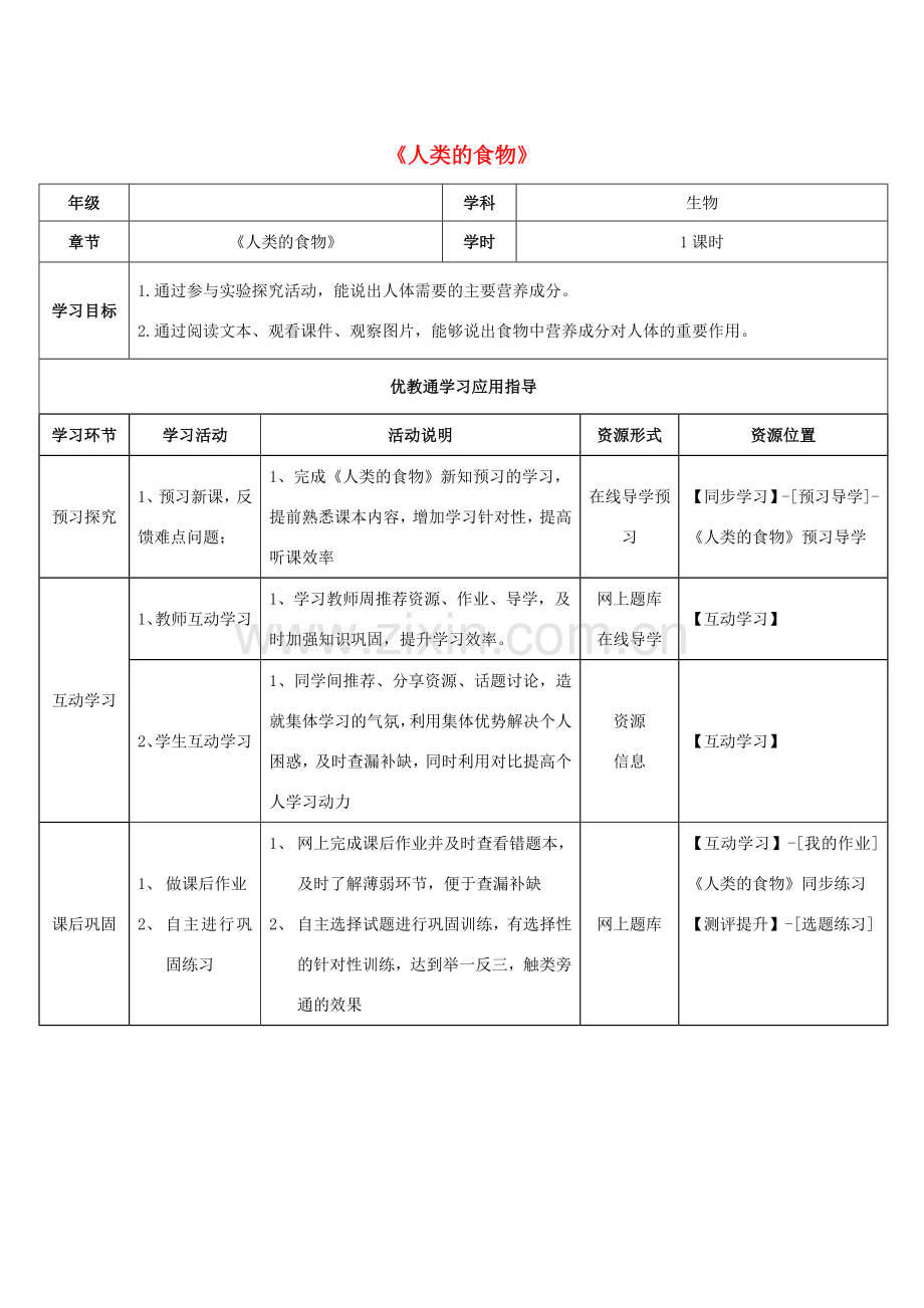 七年级生物下册 第8章 第1节《人类的食物》学生学习应用指导 北师大版.doc_第1页