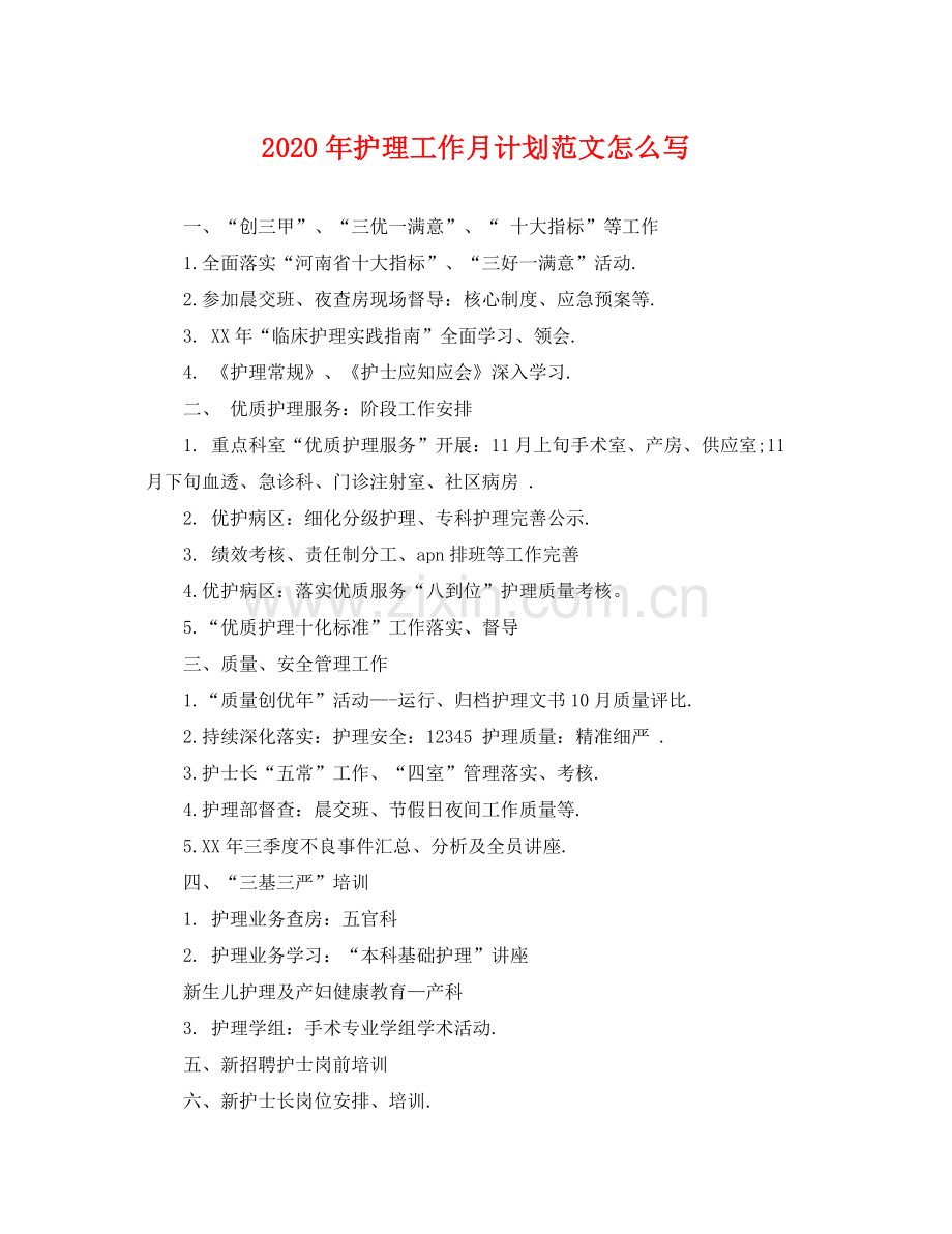 2020年护理工作月计划范文怎么写 .docx_第1页