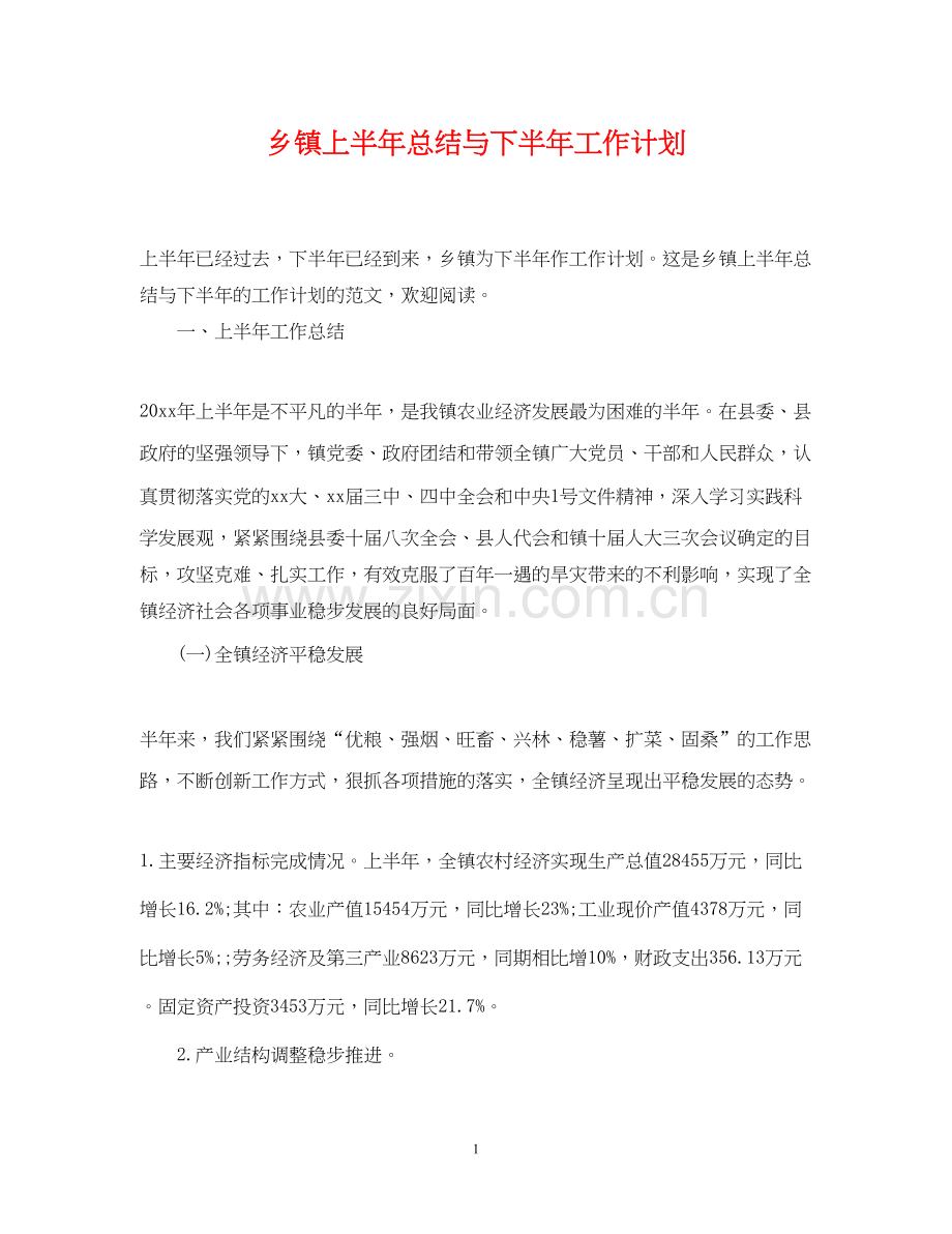 乡镇上半年总结与下半年工作计划.docx_第1页