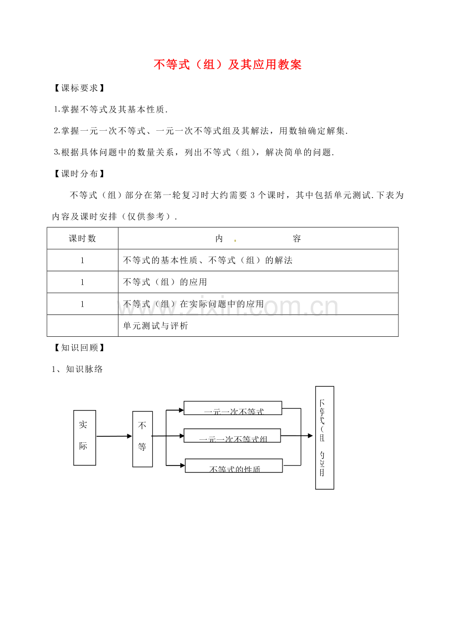 福建省泉州市泉港区三川中学中考数学一轮复习 不等式（组）及其应用教案.doc_第1页